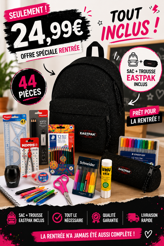 Pack Fournitures Scolaires + Sac & Trousse Eastpak (Noir Paillettes)