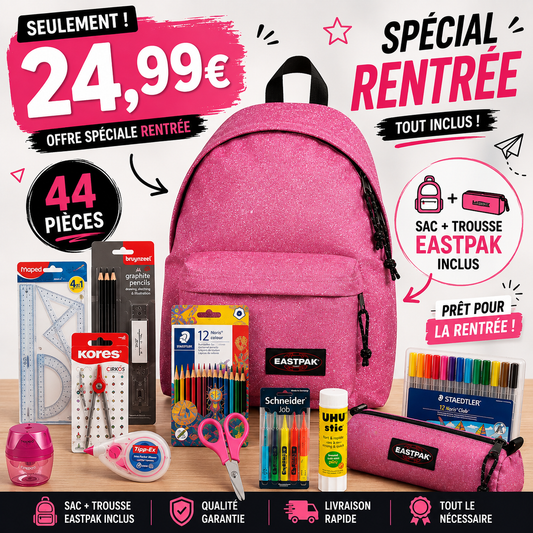 Pack Fournitures Scolaires + Sac & Trousse Eastpak (Rose Paillettes)