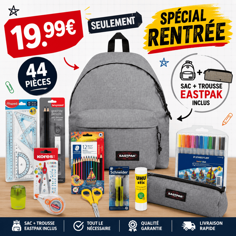 Pack Fournitures Scolaires + Sac & Trousse Eastpak (Gris)