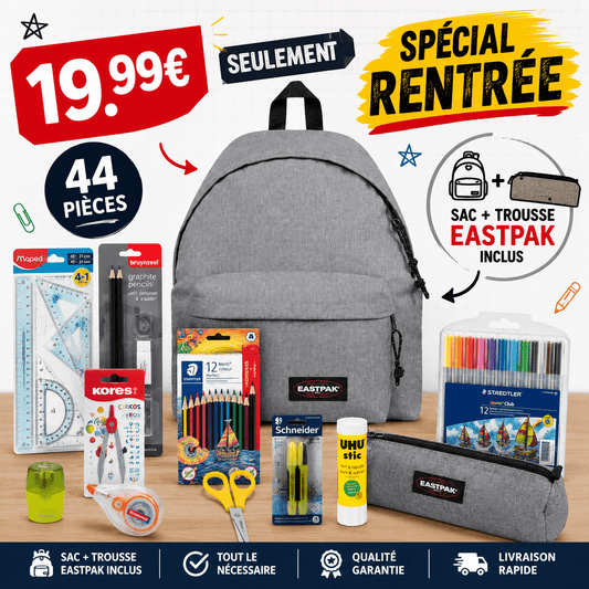 Pack Fournitures Scolaires + Sac & Trousse Eastpak (Gris) - CitySportFrance