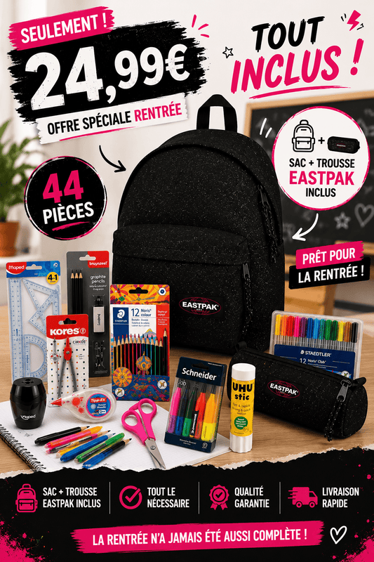 Pack Fournitures Scolaires + Sac & Trousse Eastpak (Noir Paillettes) - CitySportLand